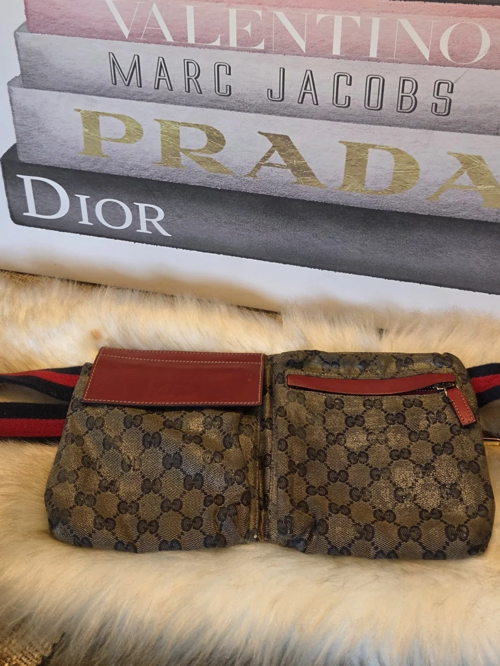 Gucci Brown GG Canvas Belt Bag with Red Leather Trim